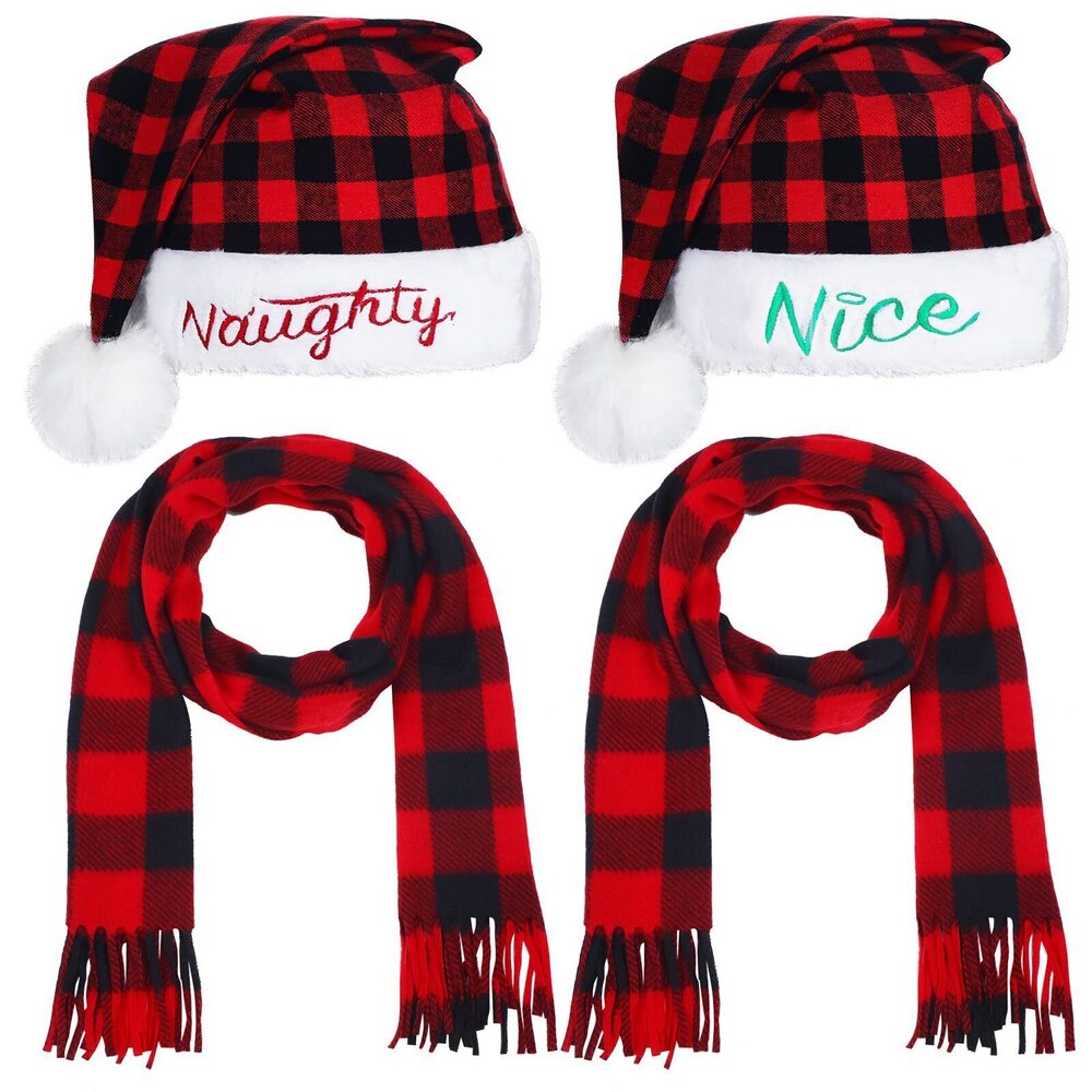 3302 4 Pieces Naughty and Nice Plush Christmas Santa Hats with Scarfs